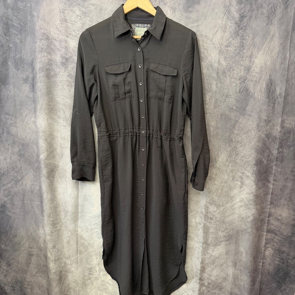 Maeve Anthropologie Charcoal Gray Button Front Utility Midi Shirt Dress Size 4